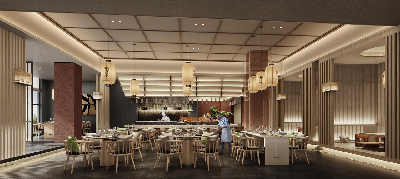 Design visualisation of the Japanese restaurant with timber detailing, pendant lanterns and dining tables