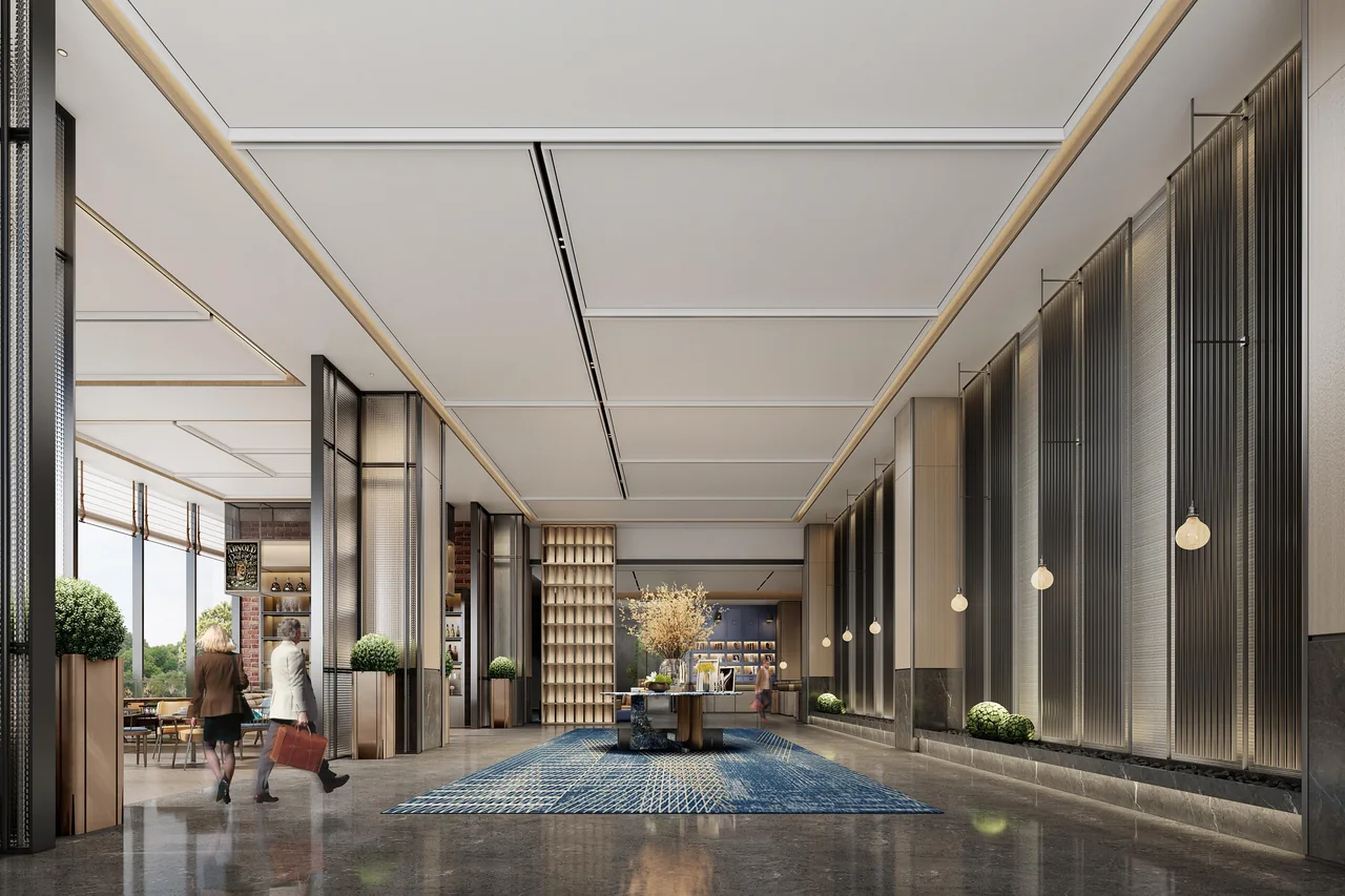 Architectural visualisation of the Oakridge Hotel lobby, with stone floors, timber columns and a blue carpet