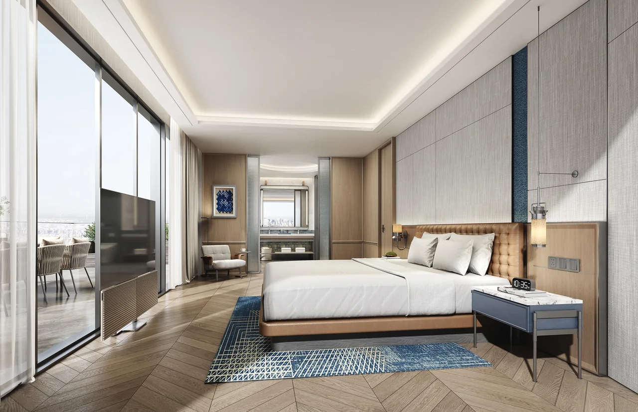 Design visualisation of a presidential suite bedroom with a bed, seating and full-height windows