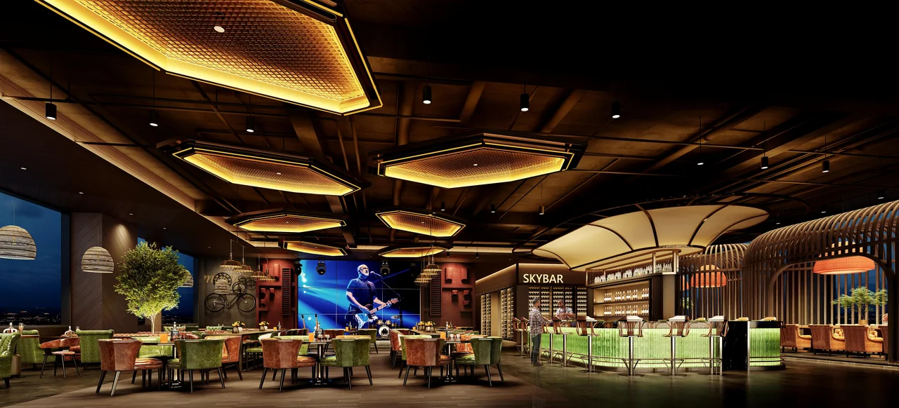 Design visualisation of the rooftop bar with a sculpted ceiling, green seating and an illuminated bar
